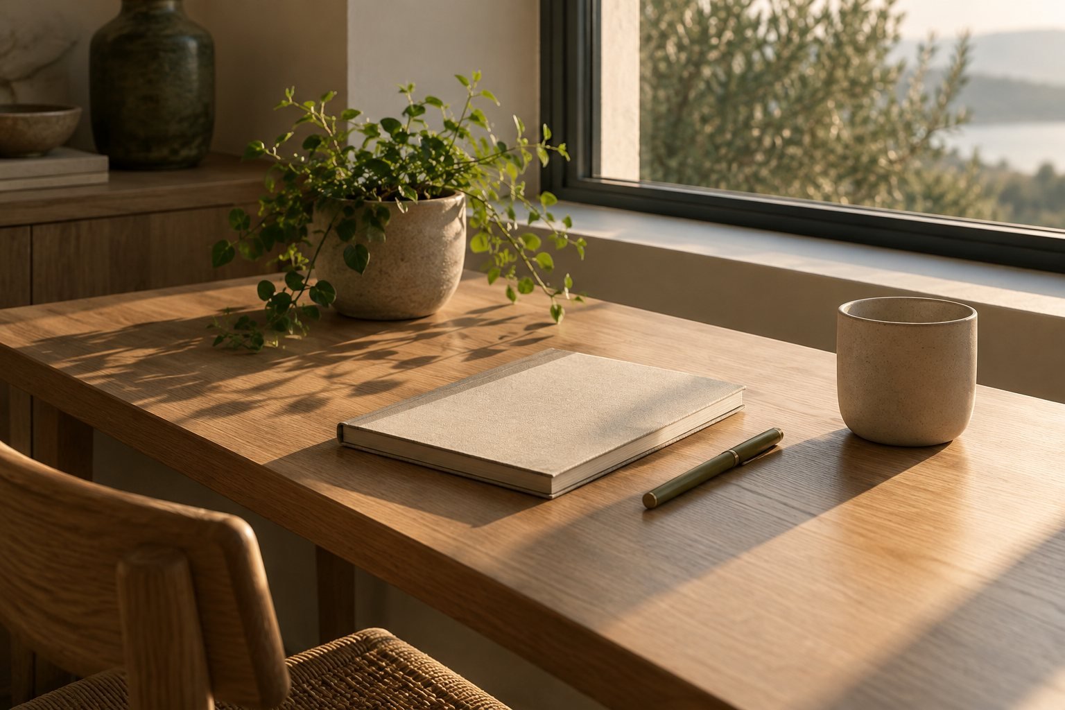 A desk by a window in afternoon light with a notebook and an empty cup