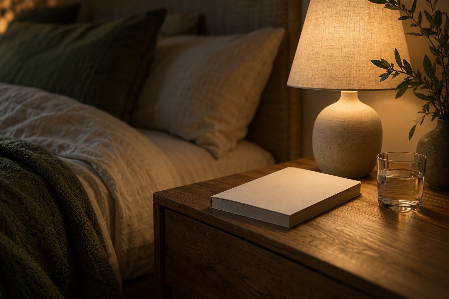 A low bedside lamp and a book on a nightstand in a dim bedroom
