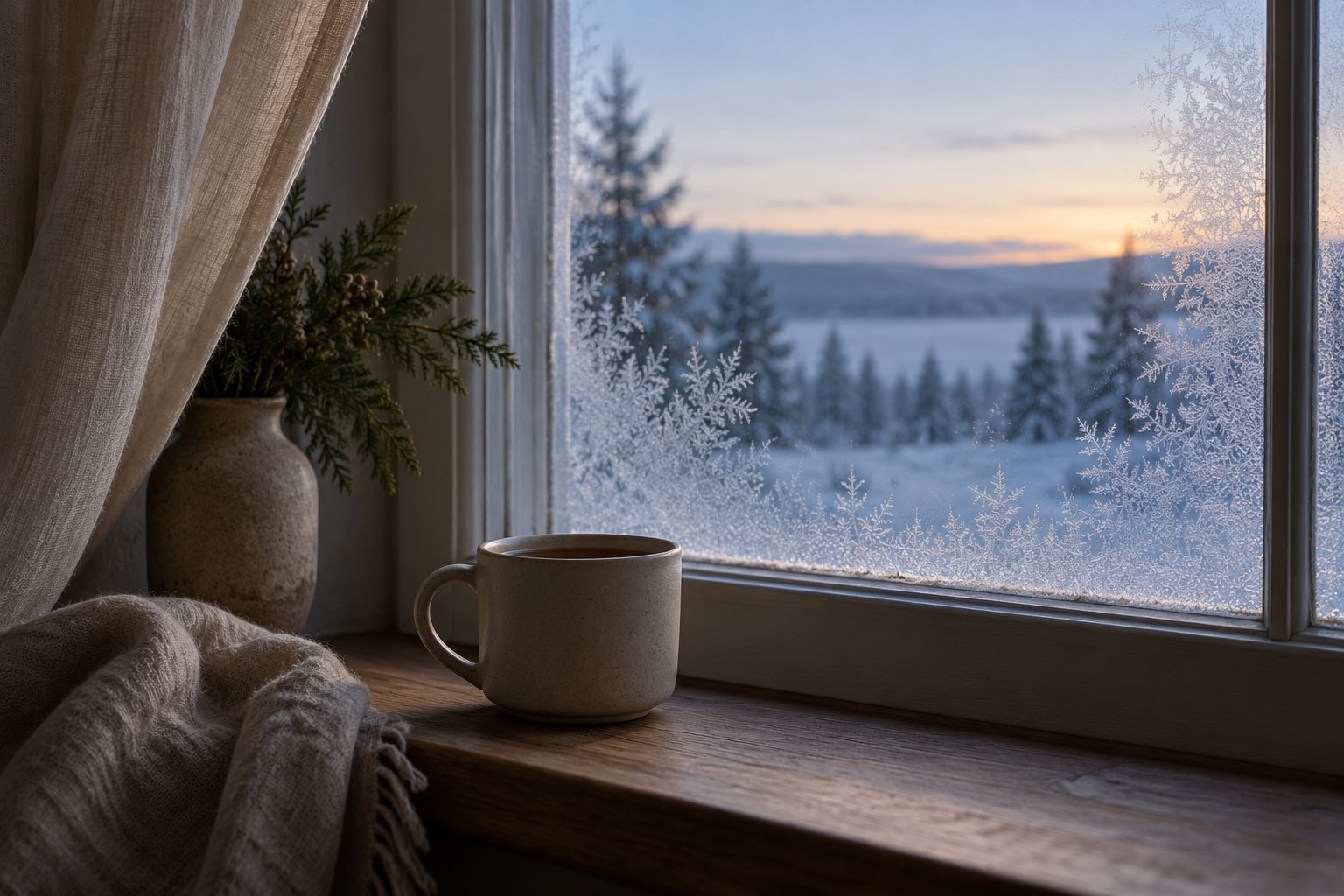 A window at dawn with a mug on the sill and frost on the glass