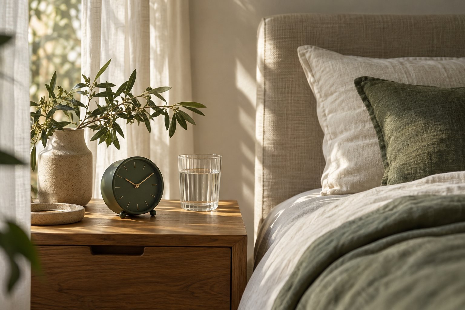 Alarm clock on a nightstand beside a linen bed in soft morning light