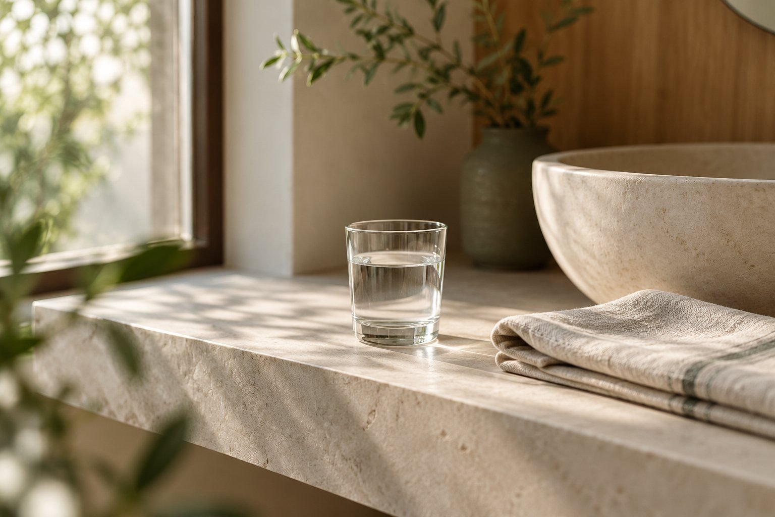 A plain glass of water and a folded linen cloth on a pale stone bathroom shelf in soft morning light