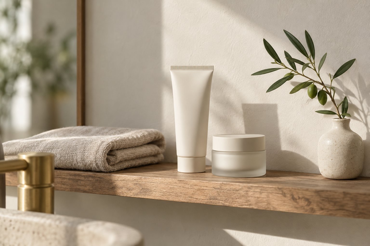 Morning skincare products on a sunlit shelf