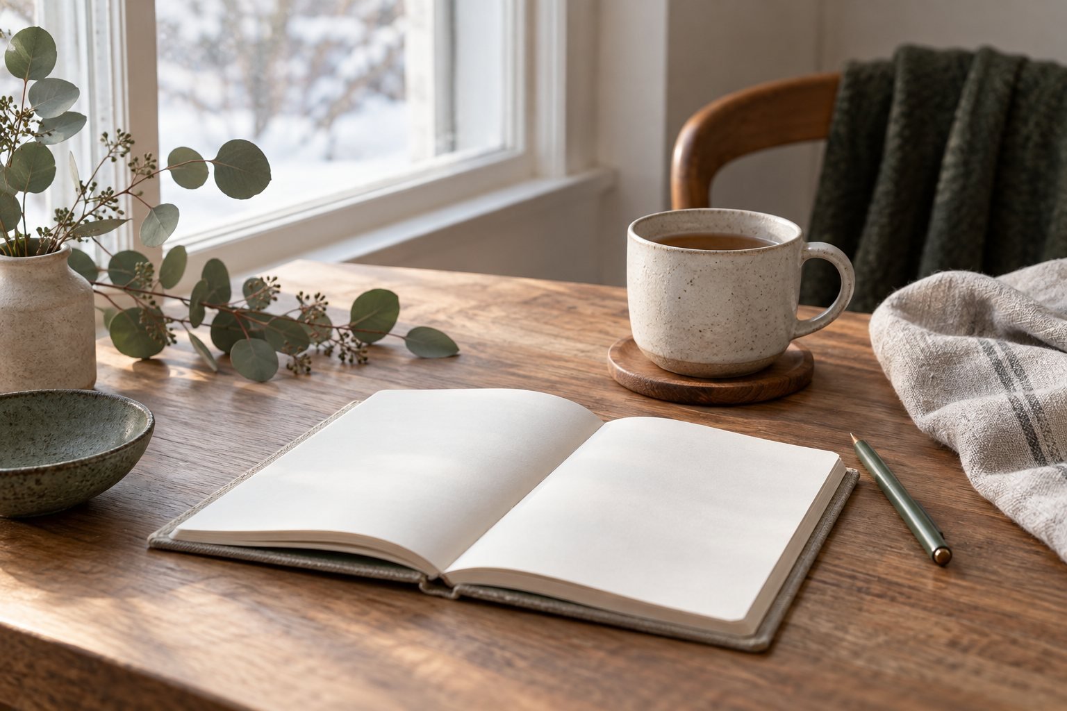 An open notebook and a cup of tea on a wooden table in winter morning light