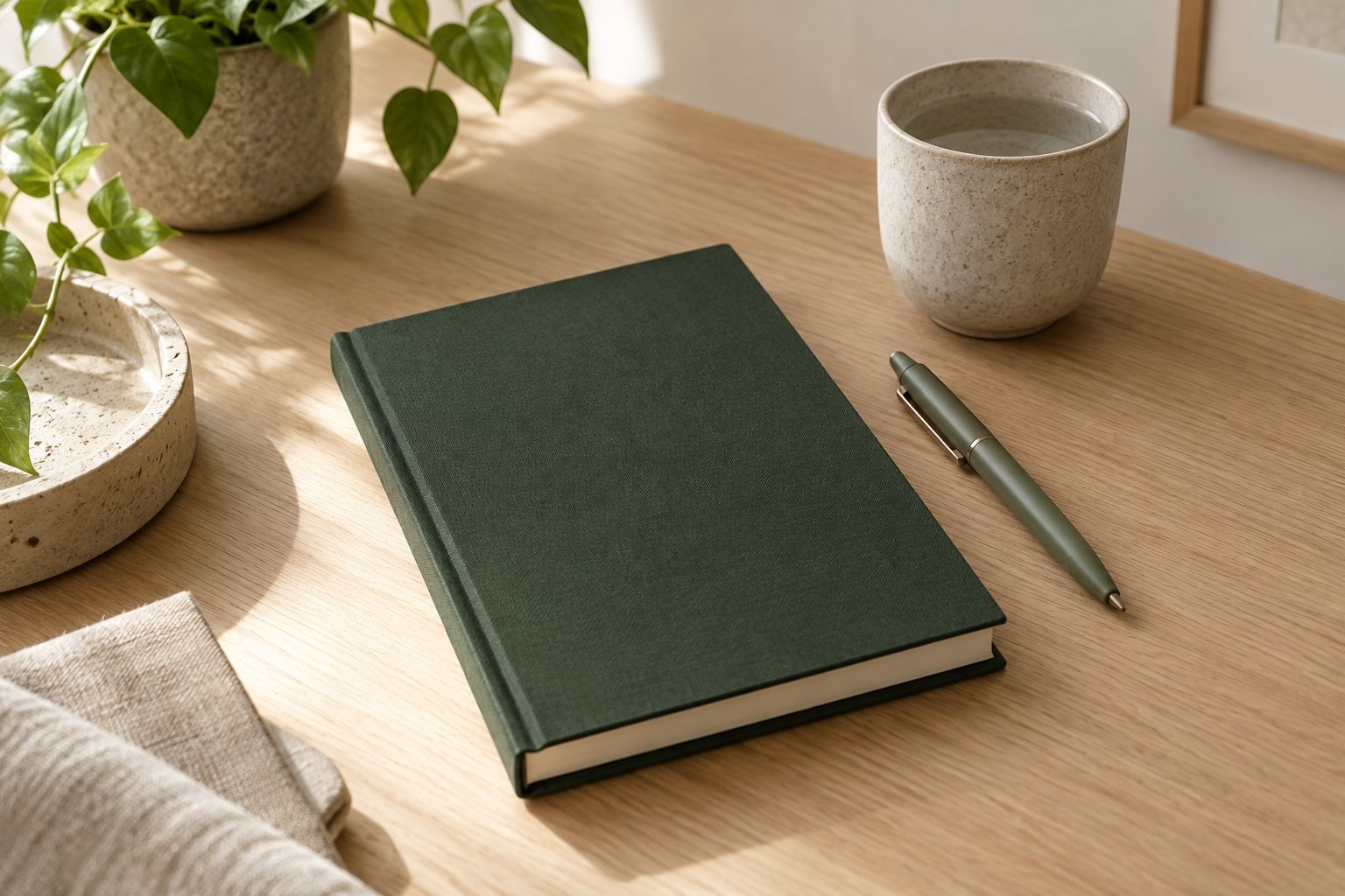 A closed hardback notebook and a pen on a pale oak desk in soft morning light