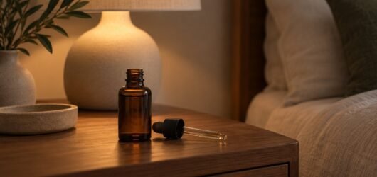 A facial serum bottle in a quiet evening setting