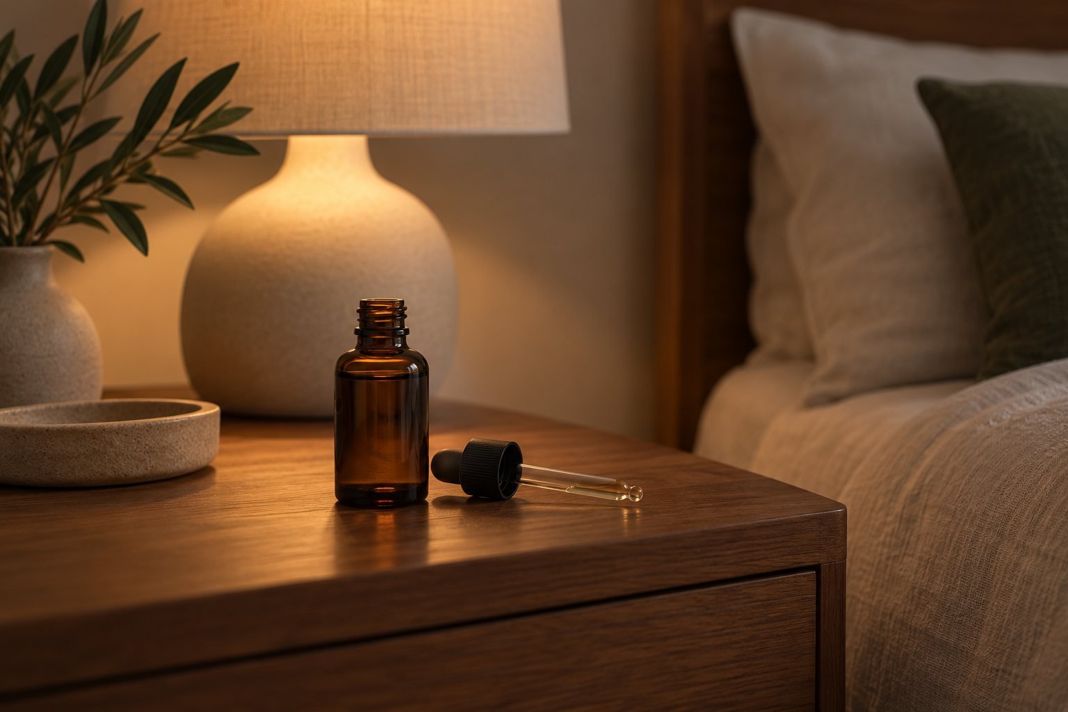 A plain amber serum bottle and a dropper on a wooden nightstand in low evening light