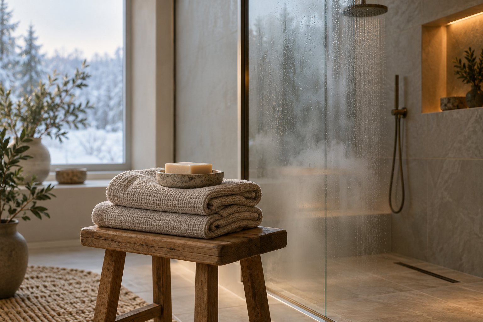 Folded linen towels on a wooden stool beside a shower with soft steam on the glass