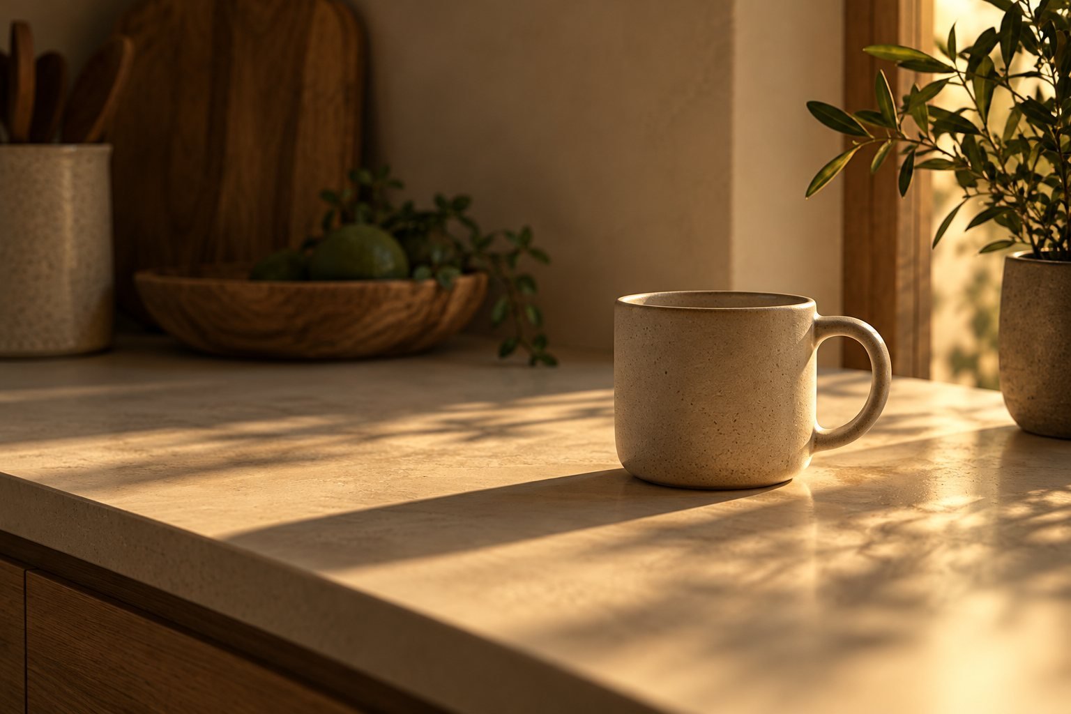 An empty coffee cup on a kitchen counter in afternoon light