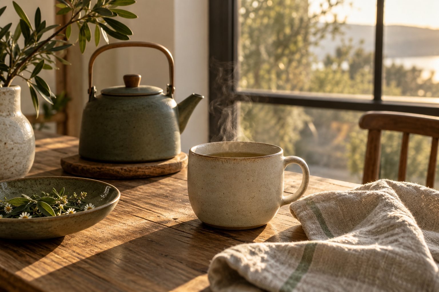 Caffeine-free herbal tea in a ceramic mug on a wooden table in afternoon light