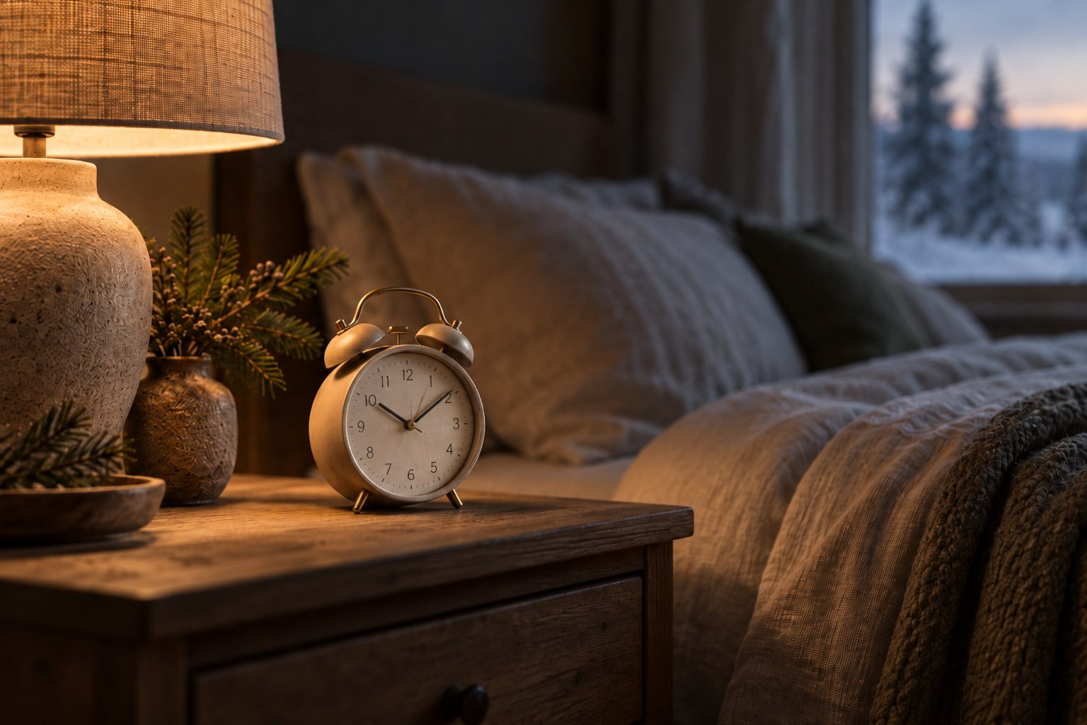 An alarm clock on a nightstand in a dark bedroom with a low lamp