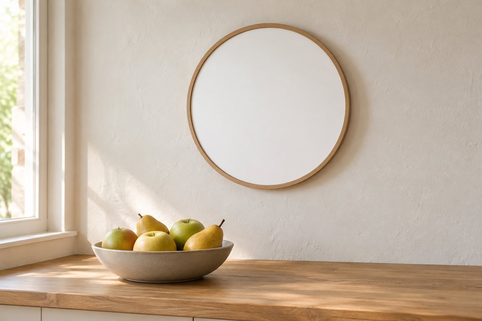 A plain clock face on a pale kitchen wall above a wooden counter holding a bowl of fruit