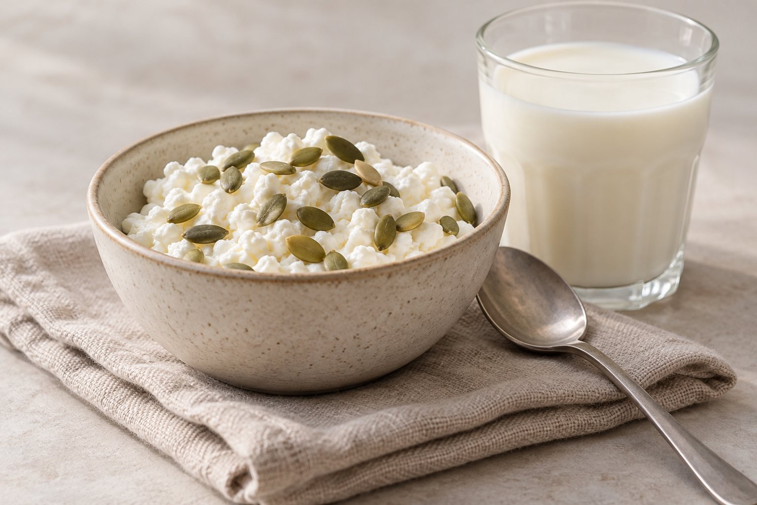 A bowl of cottage cheese topped with pumpkin seeds beside a glass of milk on a linen cloth