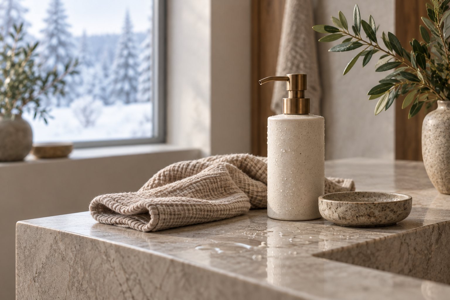 A cream cleanser and a soft cloth on a pale stone bathroom counter