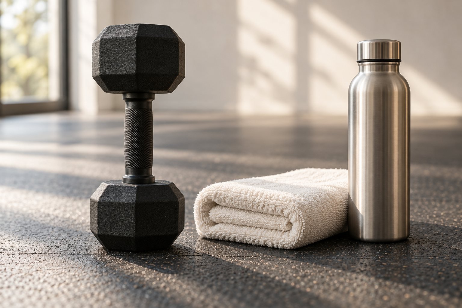 A single dumbbell standing on a rubber gym floor next to a folded towel and a water bottle