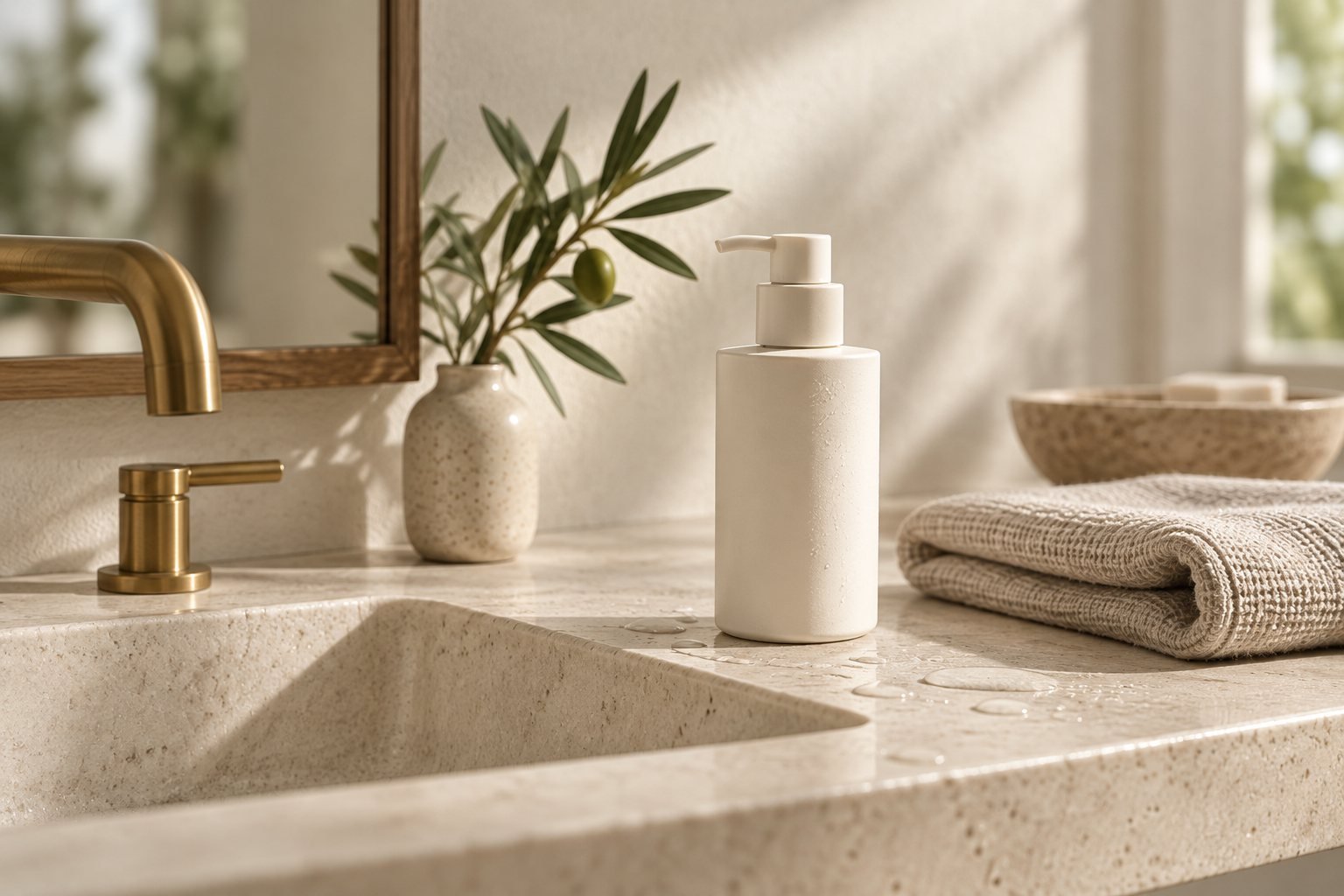 Facial cleanser beside a folded linen towel