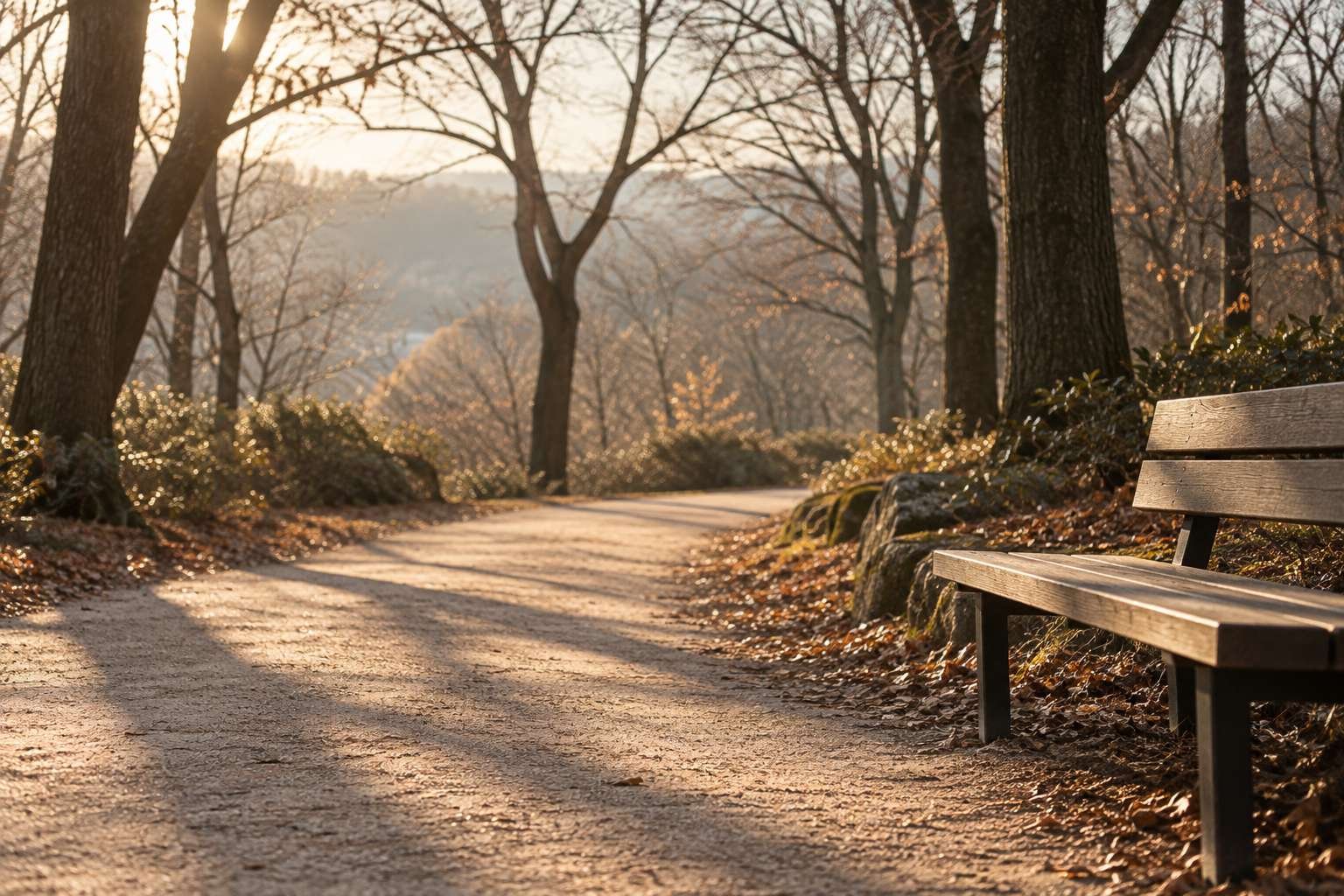 A park path with bare trees and low midday light