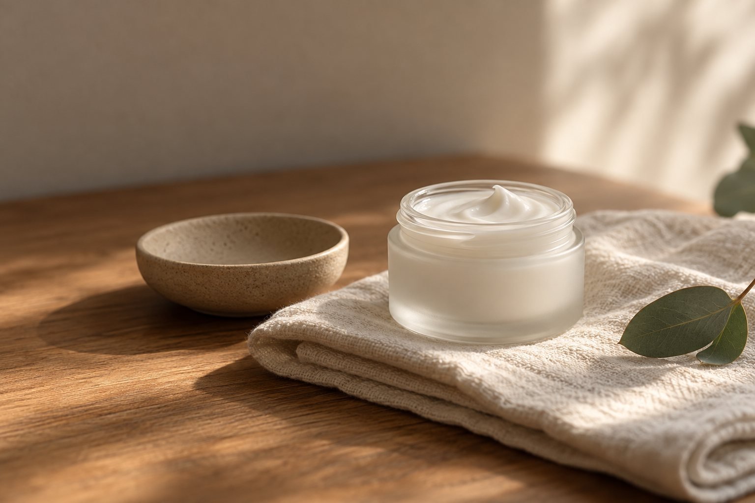 An open jar of plain cream on folded linen beside a small ceramic dish