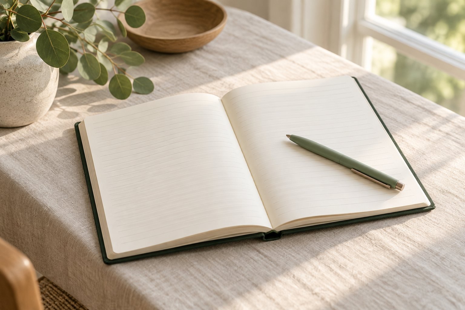 An open blank notebook on a linen table in bright window light with a plain pen on the page