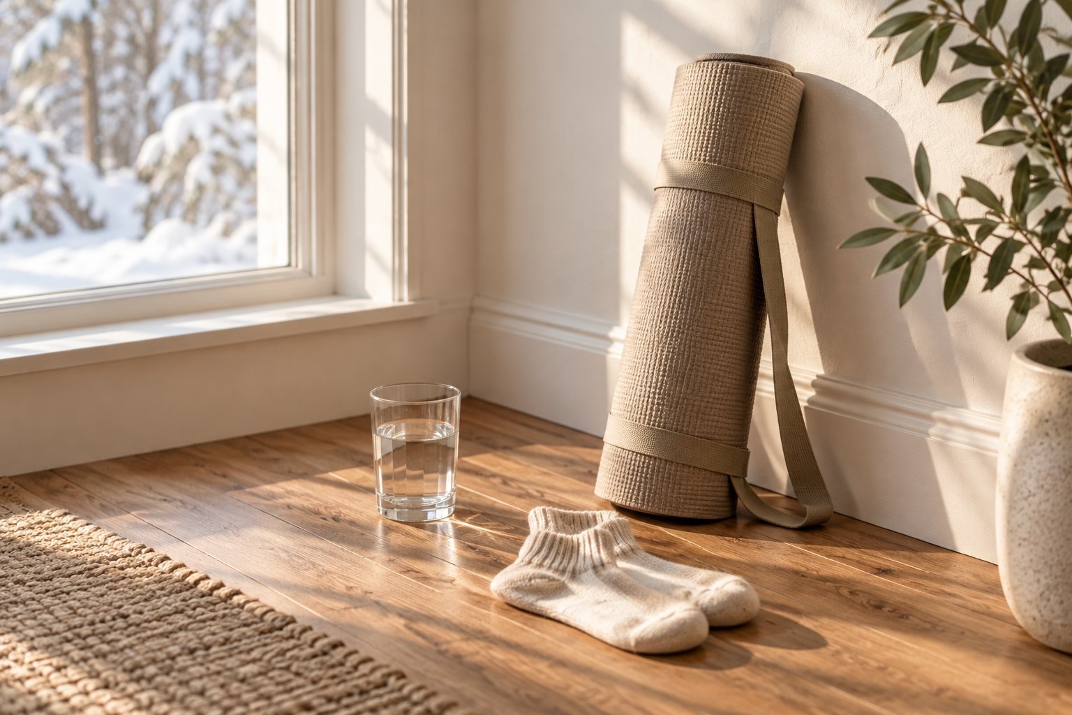 A rolled exercise mat and a glass of water beside a window in soft daylight