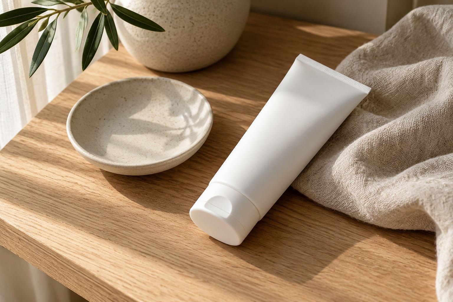 An unlabelled white tube and a small ceramic dish on a pale oak surface beside a linen cloth