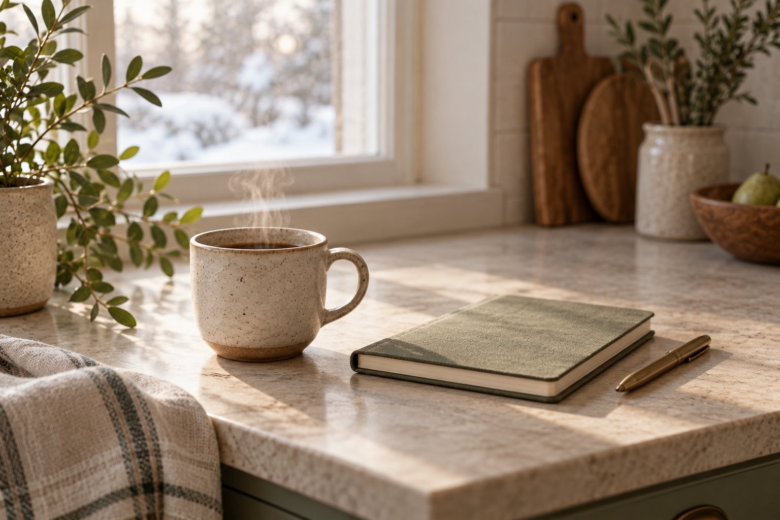 A coffee cup beside a notebook on a kitchen counter in the morning