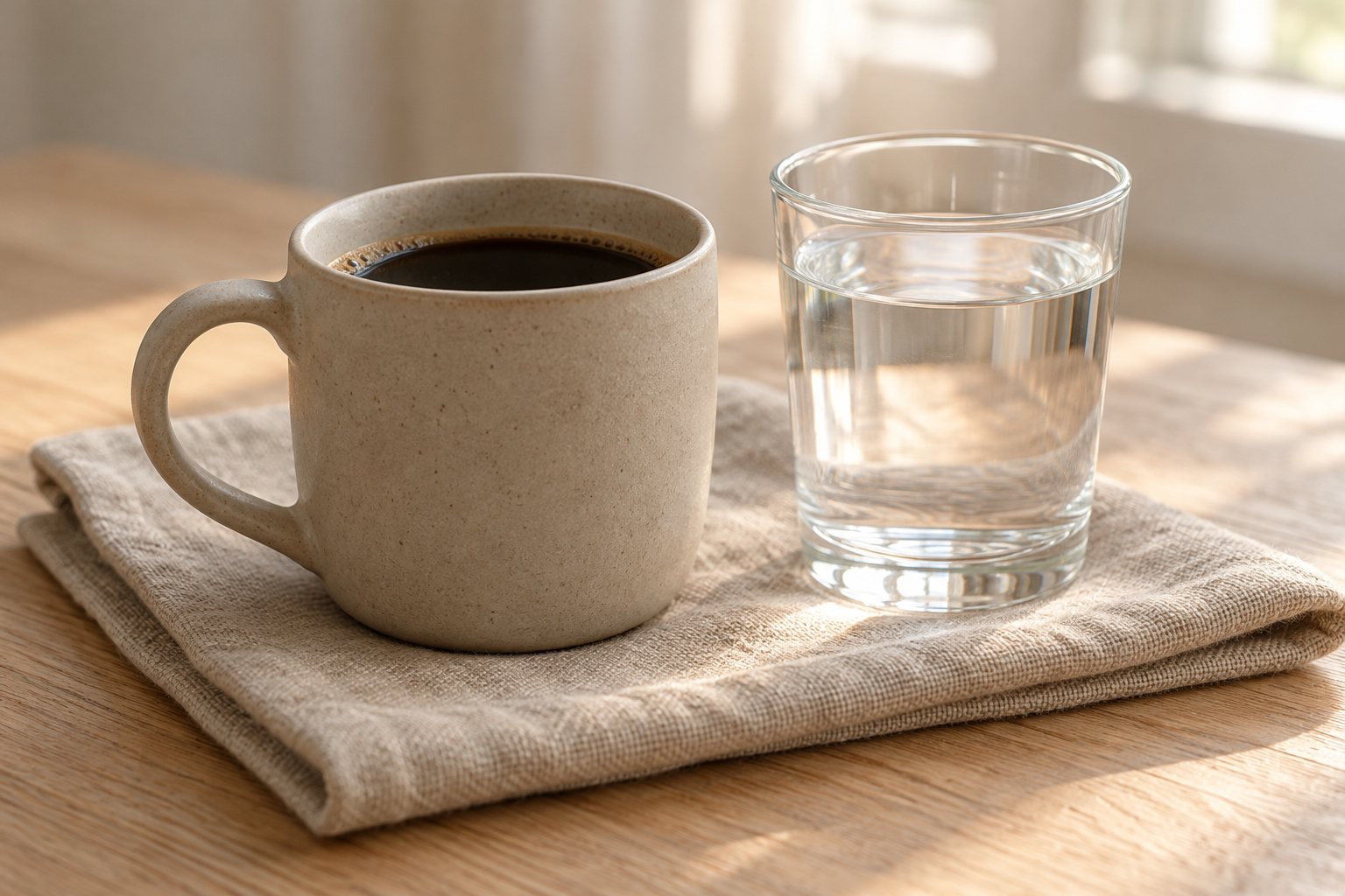 A mug of black coffee and a glass of water side by side on a linen cloth in soft morning light