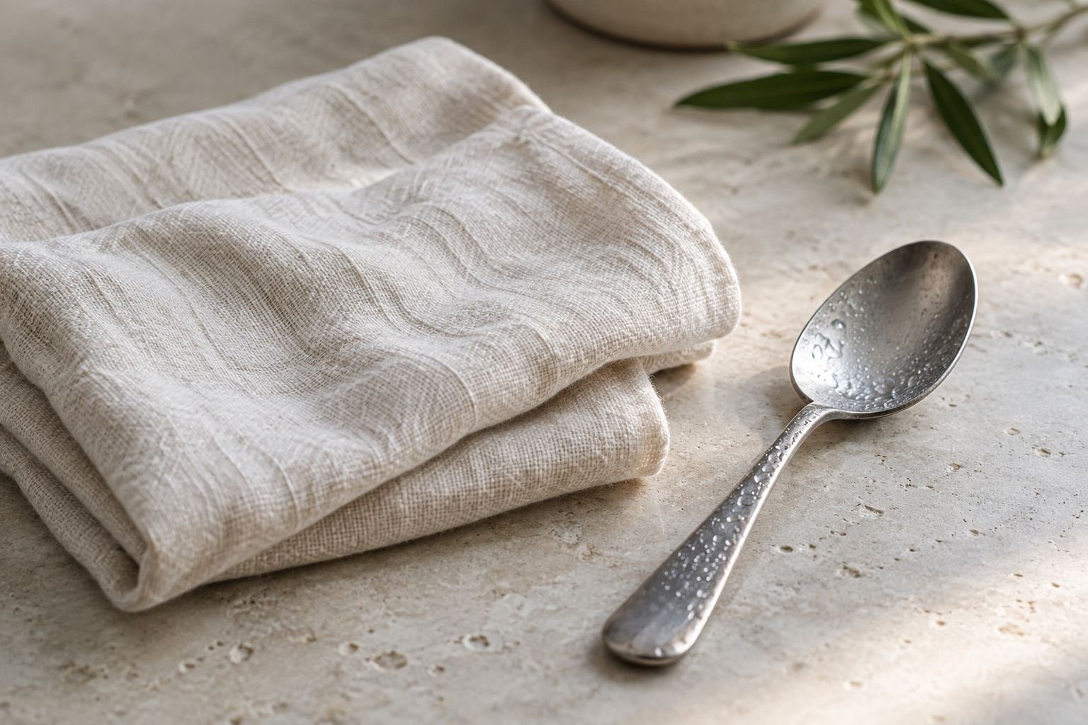 A folded off-white linen cloth and a small chilled metal spoon on a pale stone surface in cool daylight