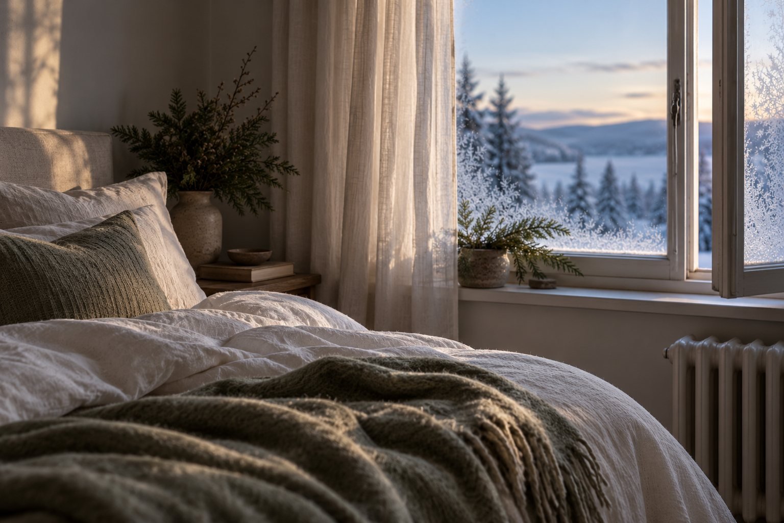A bedroom with linen bedding, a cracked window and a radiator in winter light