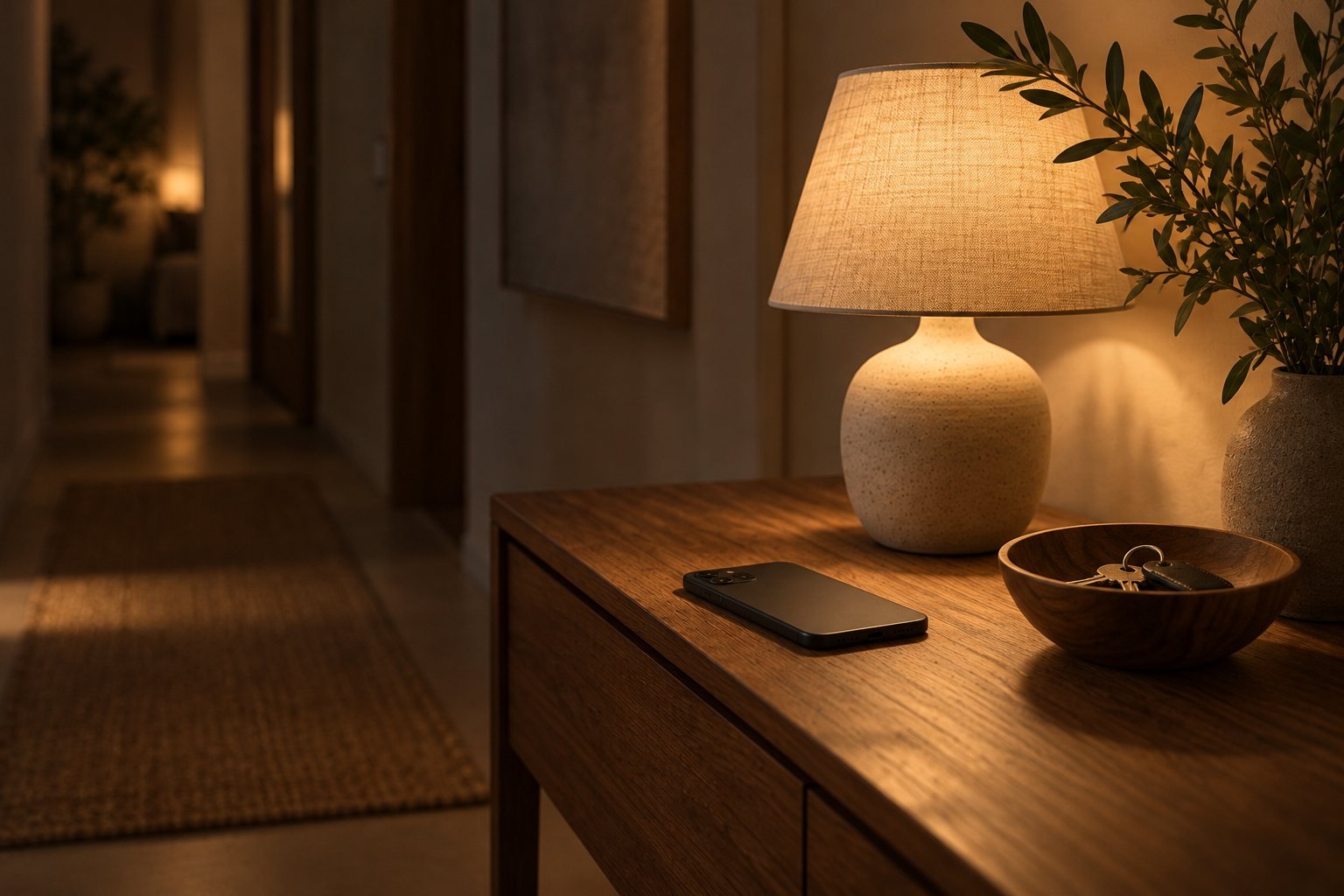 A dim hallway with a small lamp and a phone face down on a console table