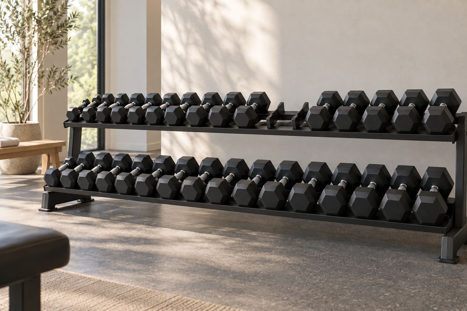 A rack of dumbbells in ascending order with one empty gap where a pair has been taken
