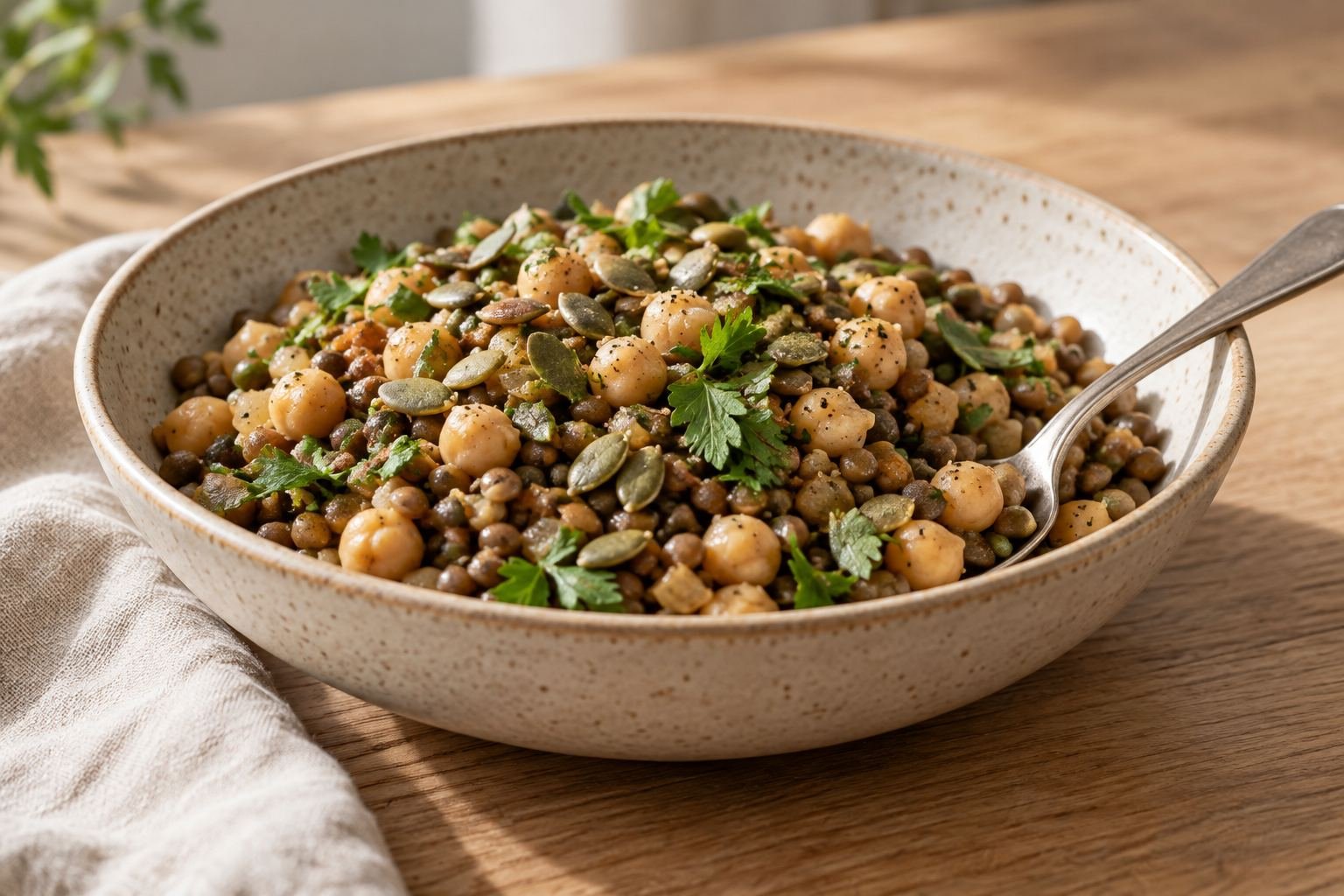 A shallow bowl of lentils and chickpeas topped with pumpkin seeds with a spoon resting in it