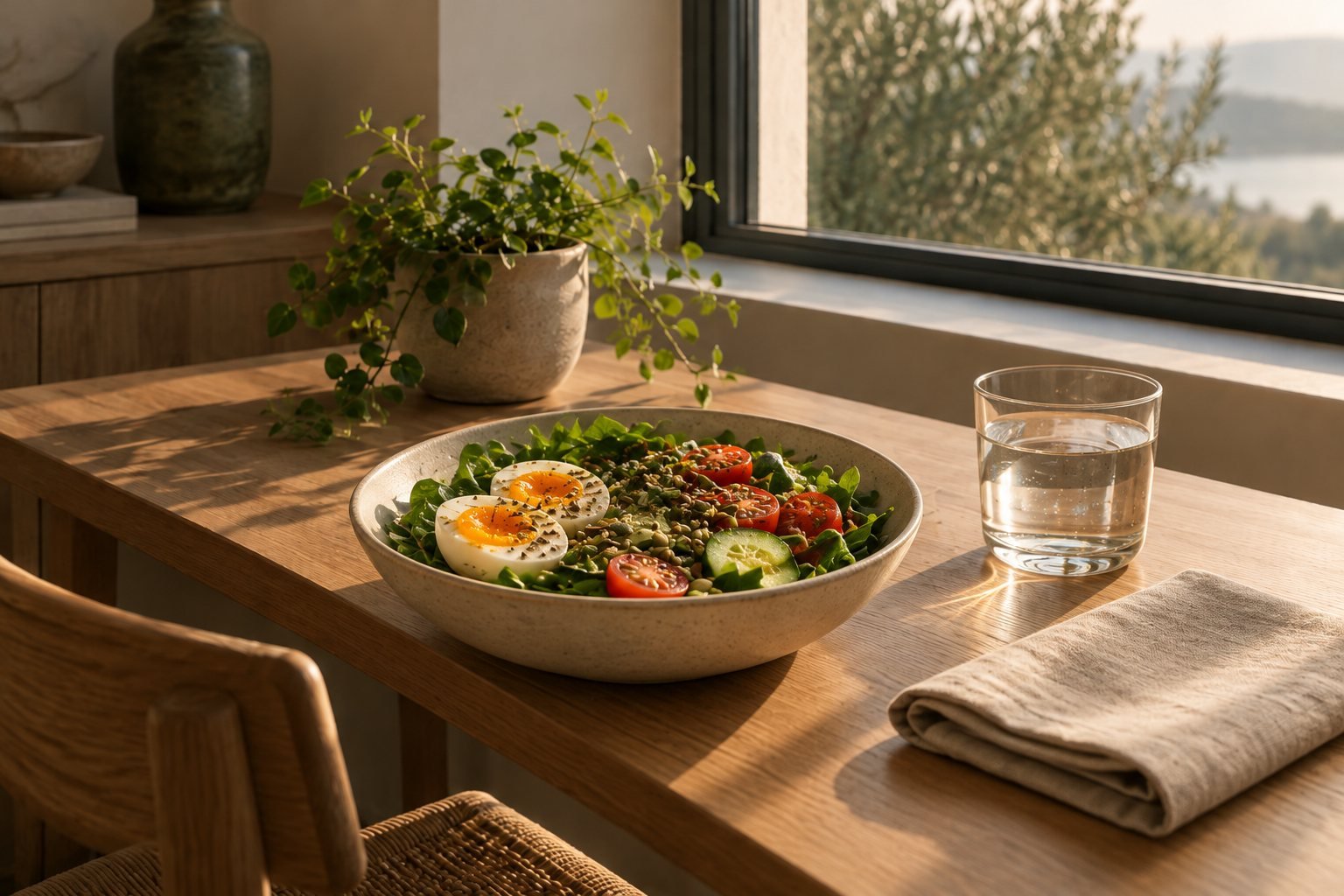 A simple lunch bowl with greens, eggs and seeds on a wooden table