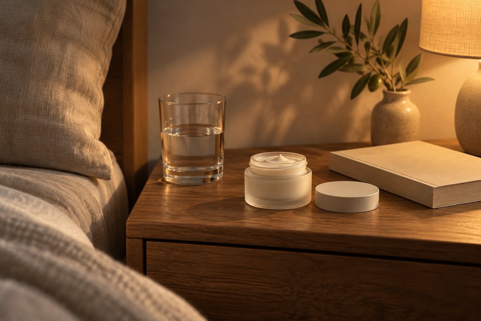 Moisturizer and a glass of water on a wooden nightstand