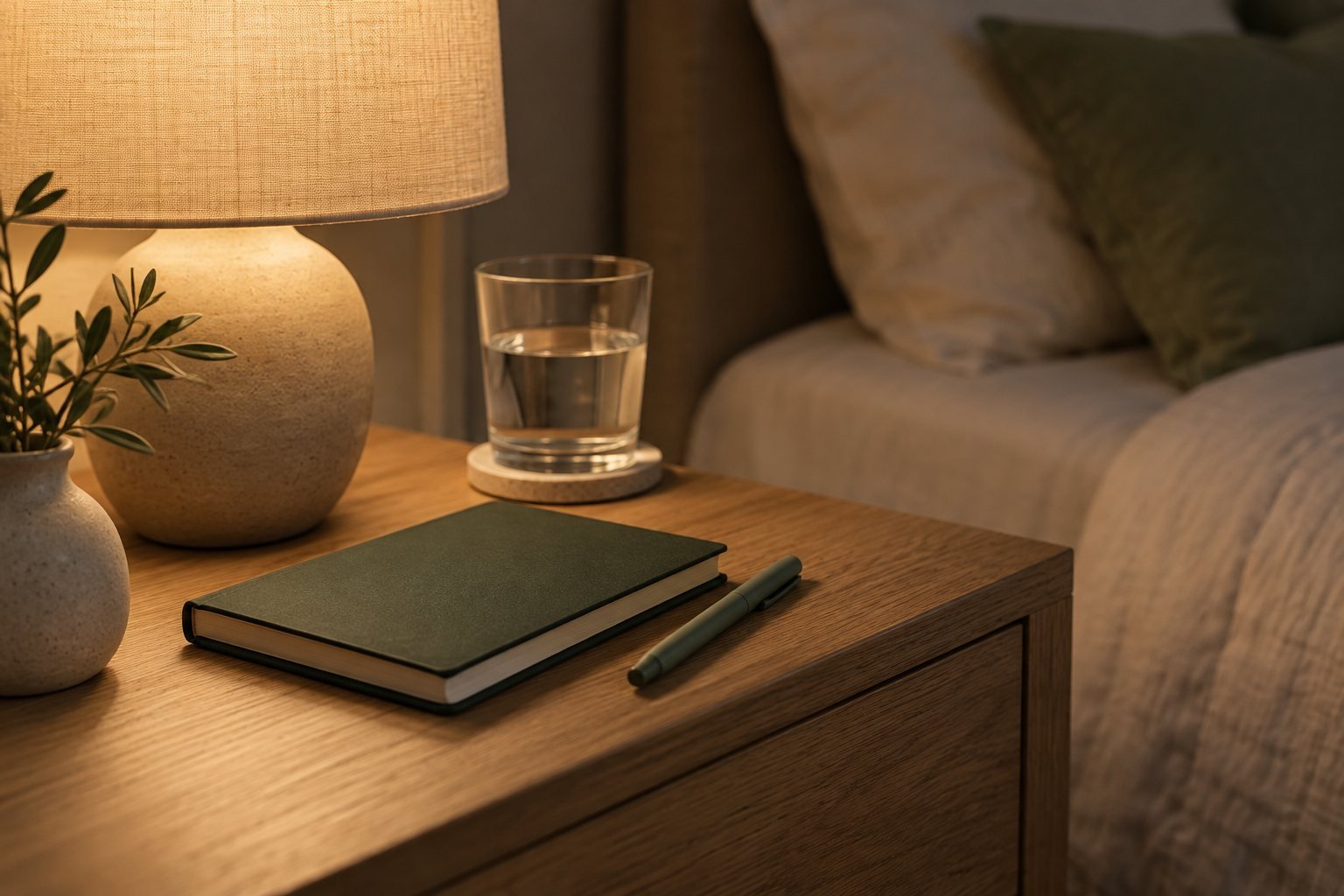 A notebook and pen on a bedside table beside a low lamp in warm evening light