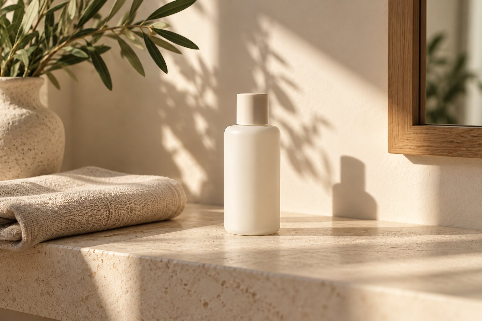 A plain white bottle on a bathroom shelf in bright morning light
