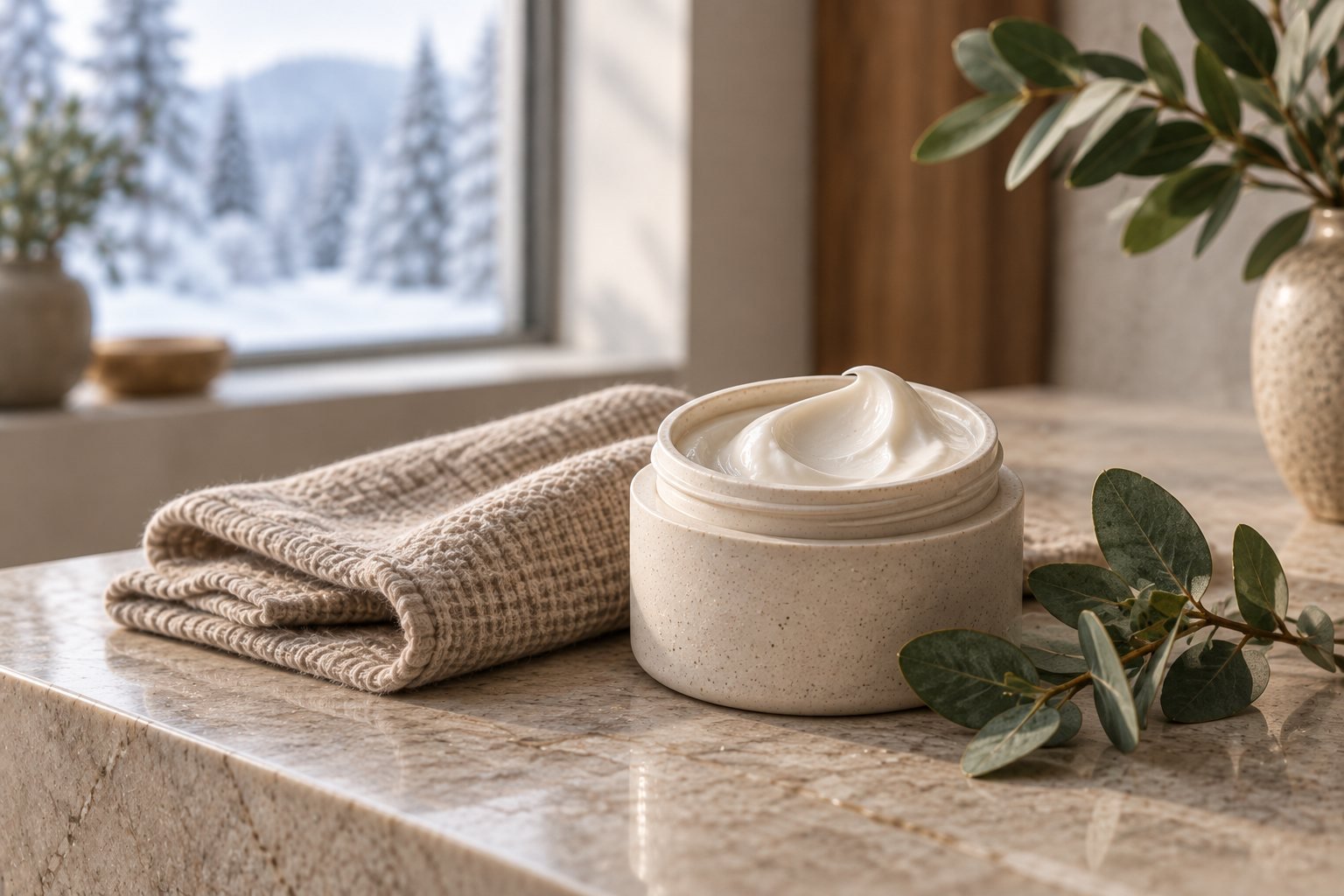 An open jar of thick moisturizing cream beside a linen cloth in winter light