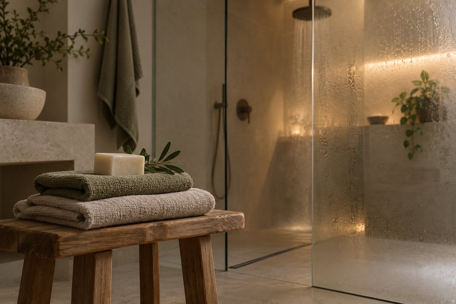Folded linen towels and soap on a wooden stool next to a steamy glass shower