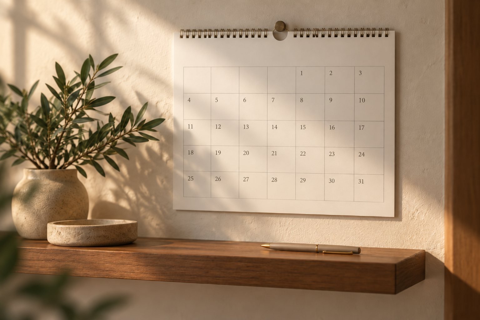 A blank wall calendar and a pen on a pale wall beside a small plant