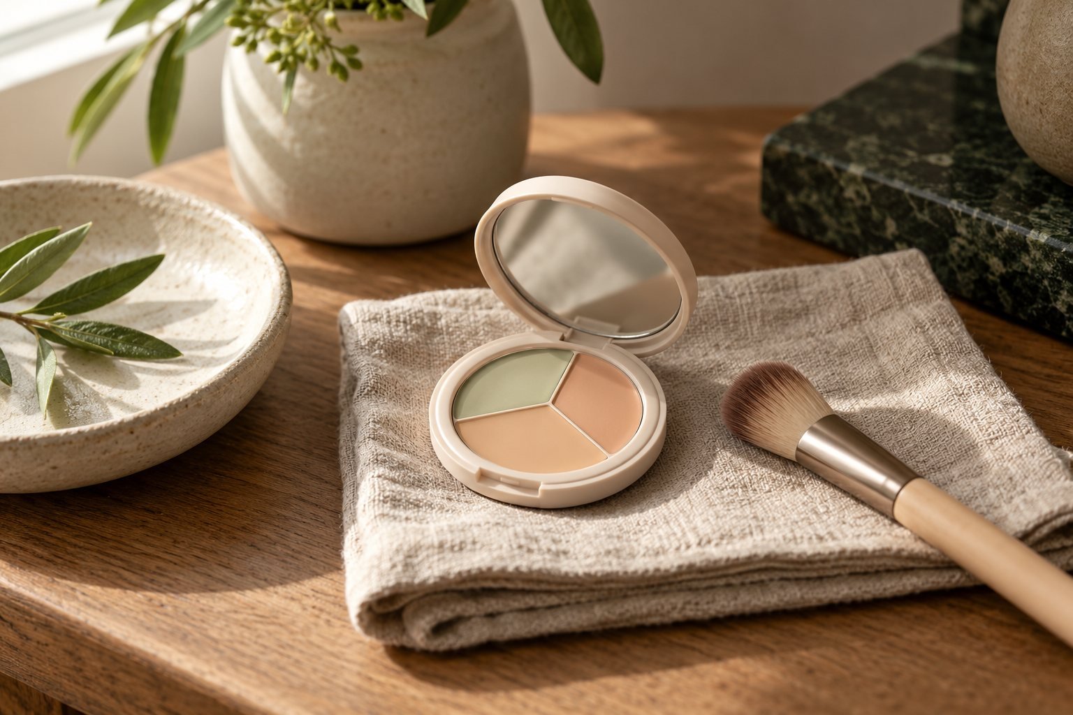 A small unlabelled compact and a soft makeup brush on folded linen beside a pale ceramic dish