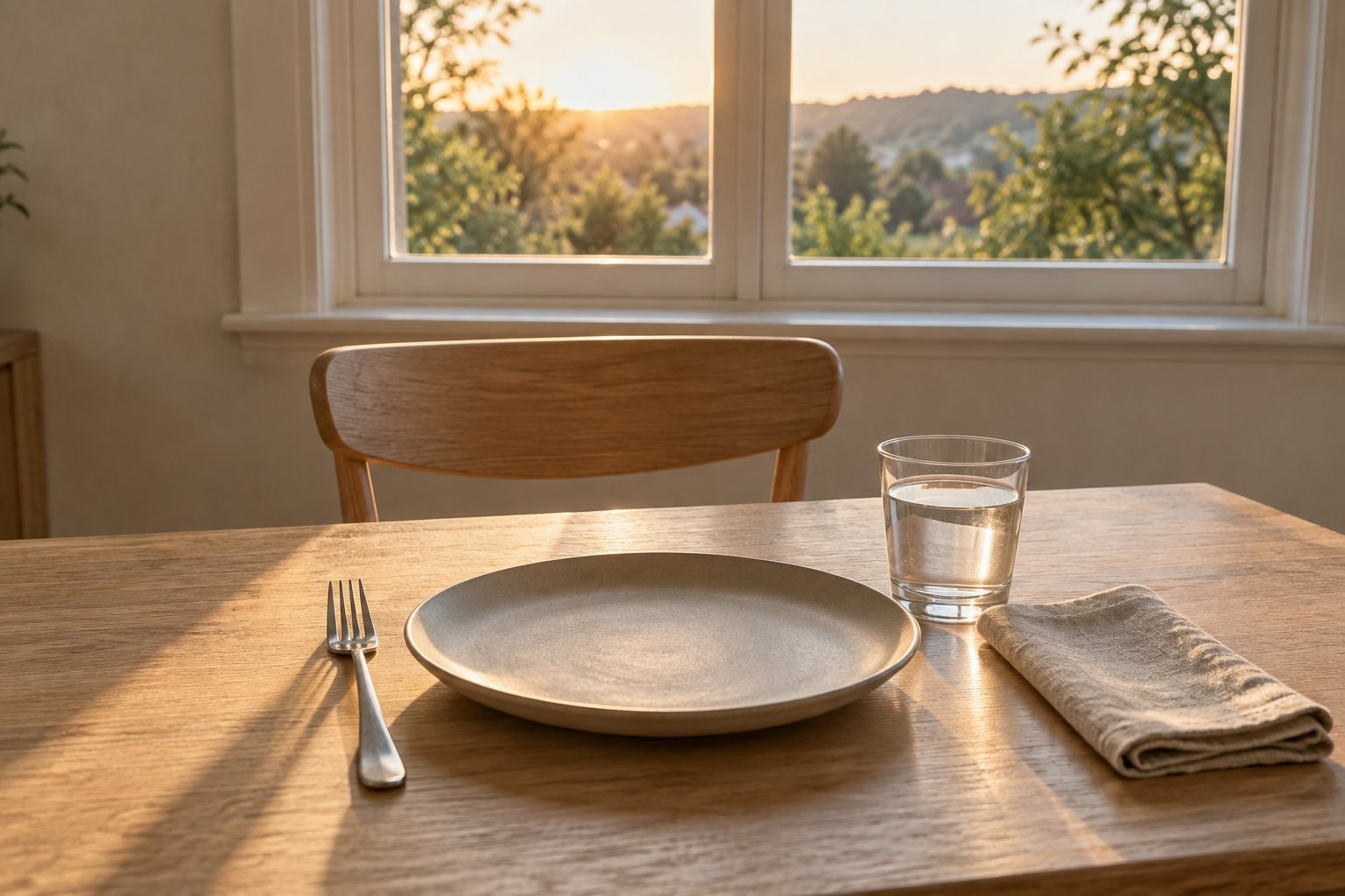 A table set for one with a plate, a glass and a folded napkin in early evening light