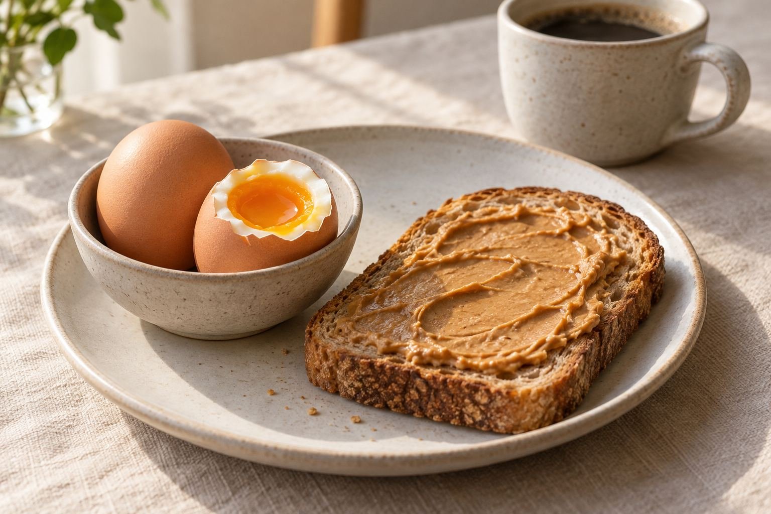 Two soft-boiled eggs in a bowl beside a slice of toast spread with peanut butter in morning light