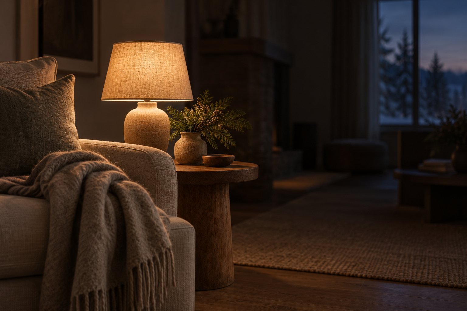 A low warm lamp beside a linen armchair in a dim living room
