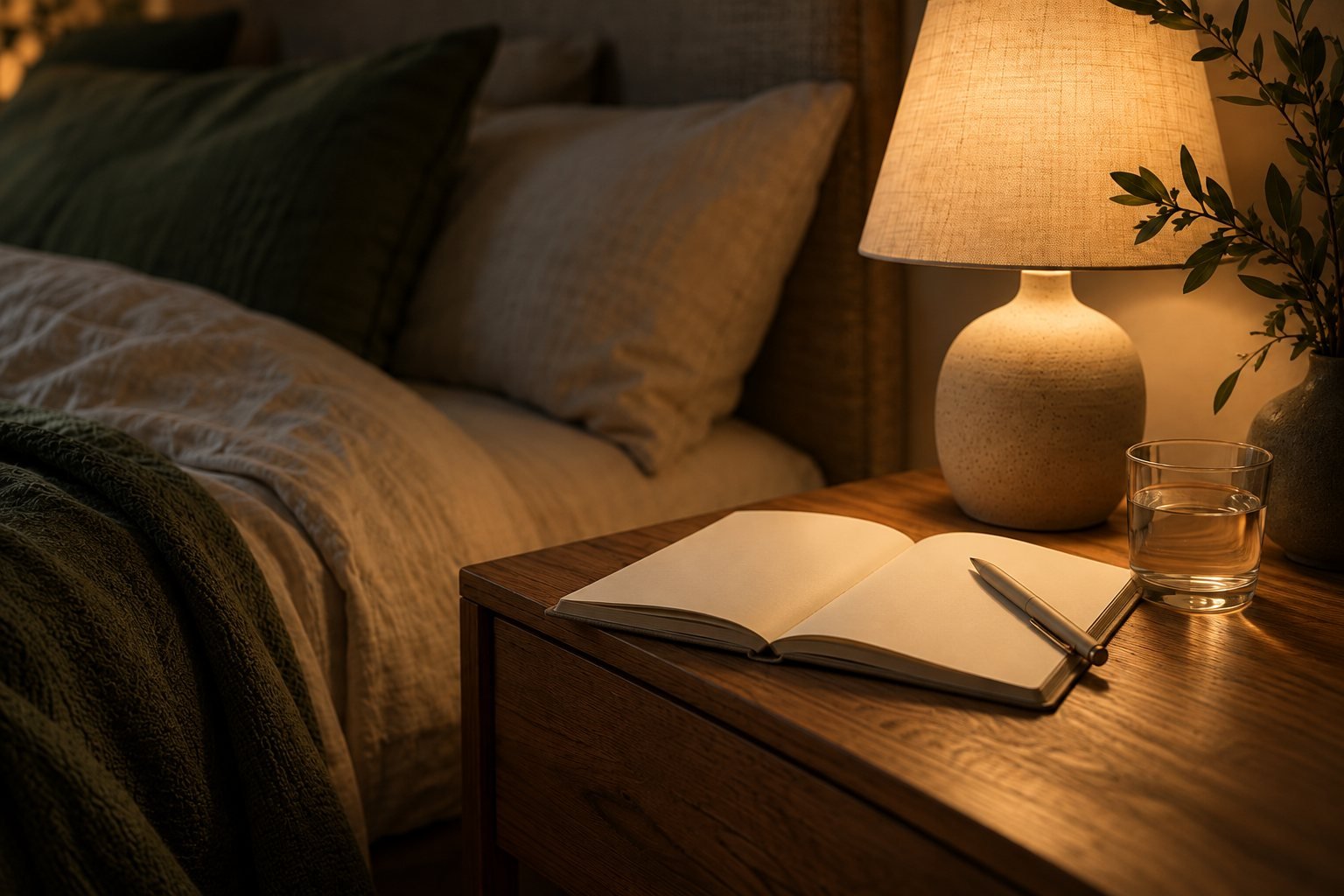 An open blank notebook and a pen on a bedside table at night