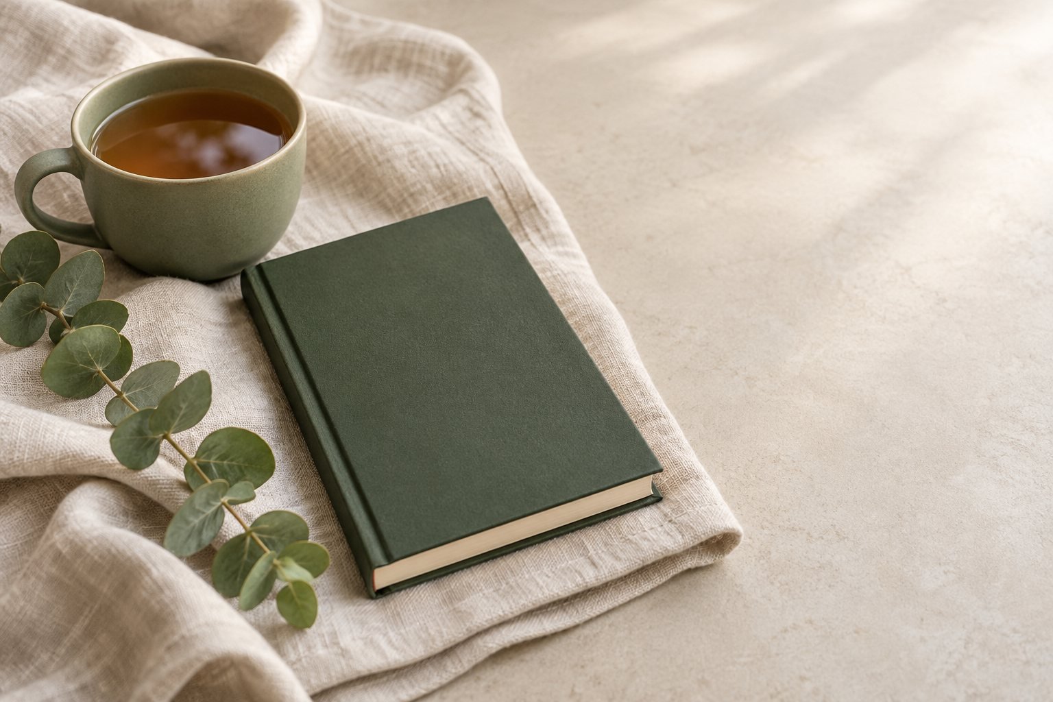 A small notebook, a cup of tea and a sprig of eucalyptus on folded off-white linen