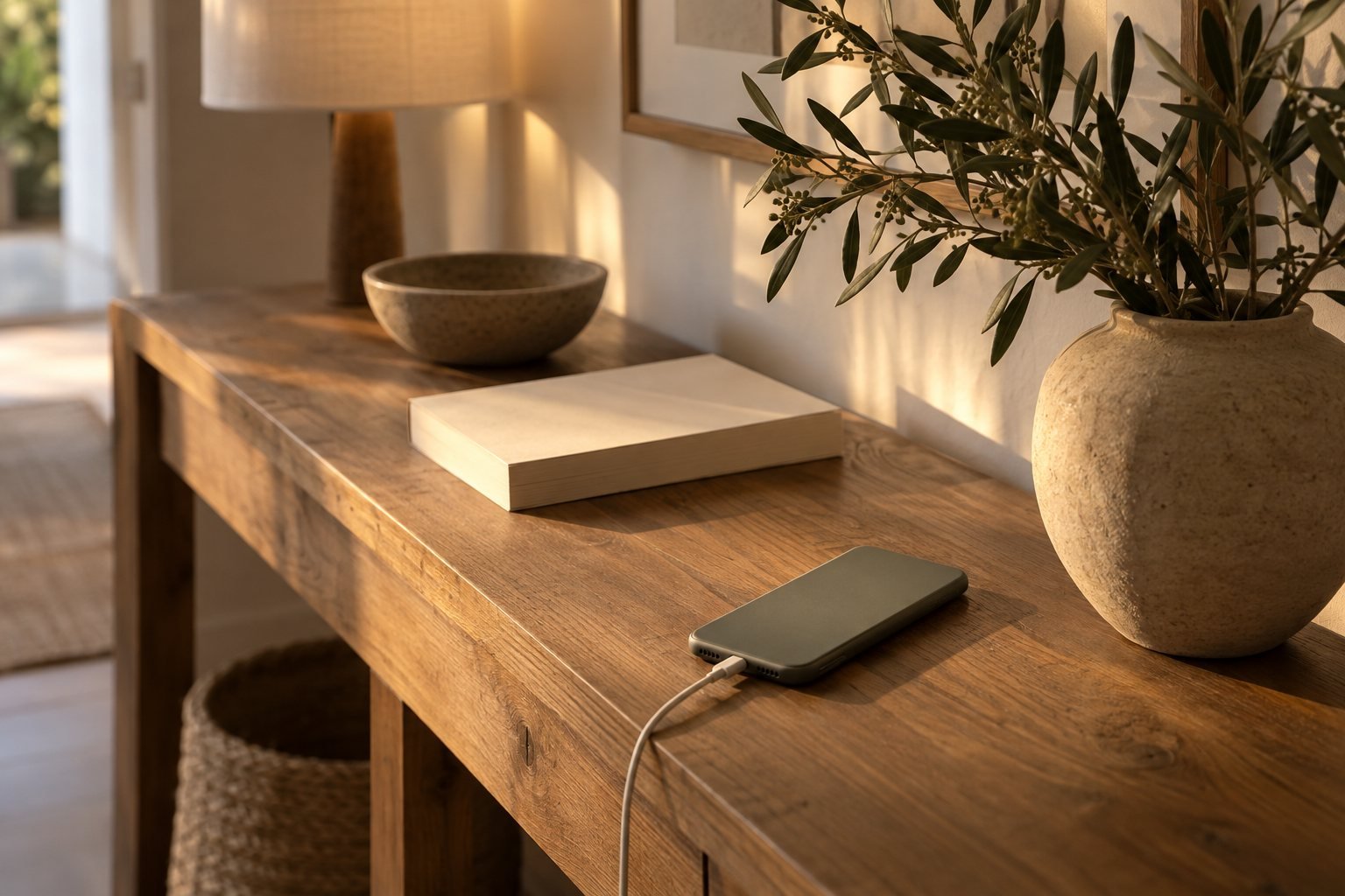 Smartphone face down on a hallway console table next to a paperback book