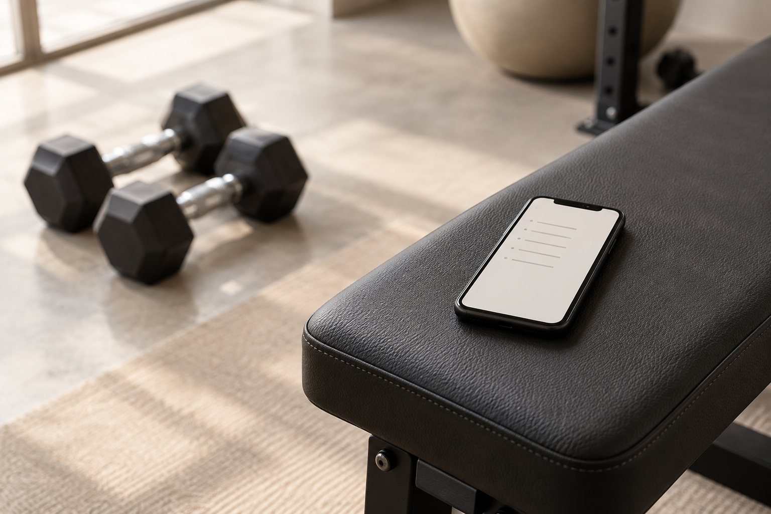 A phone resting on a gym bench showing a short plain list of weights with dumbbells blurred behind