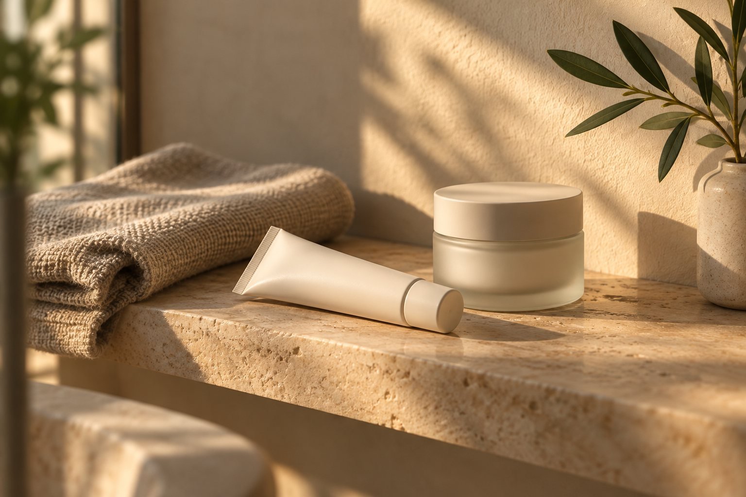 A small retinoid tube on a bathroom shelf in warm evening light