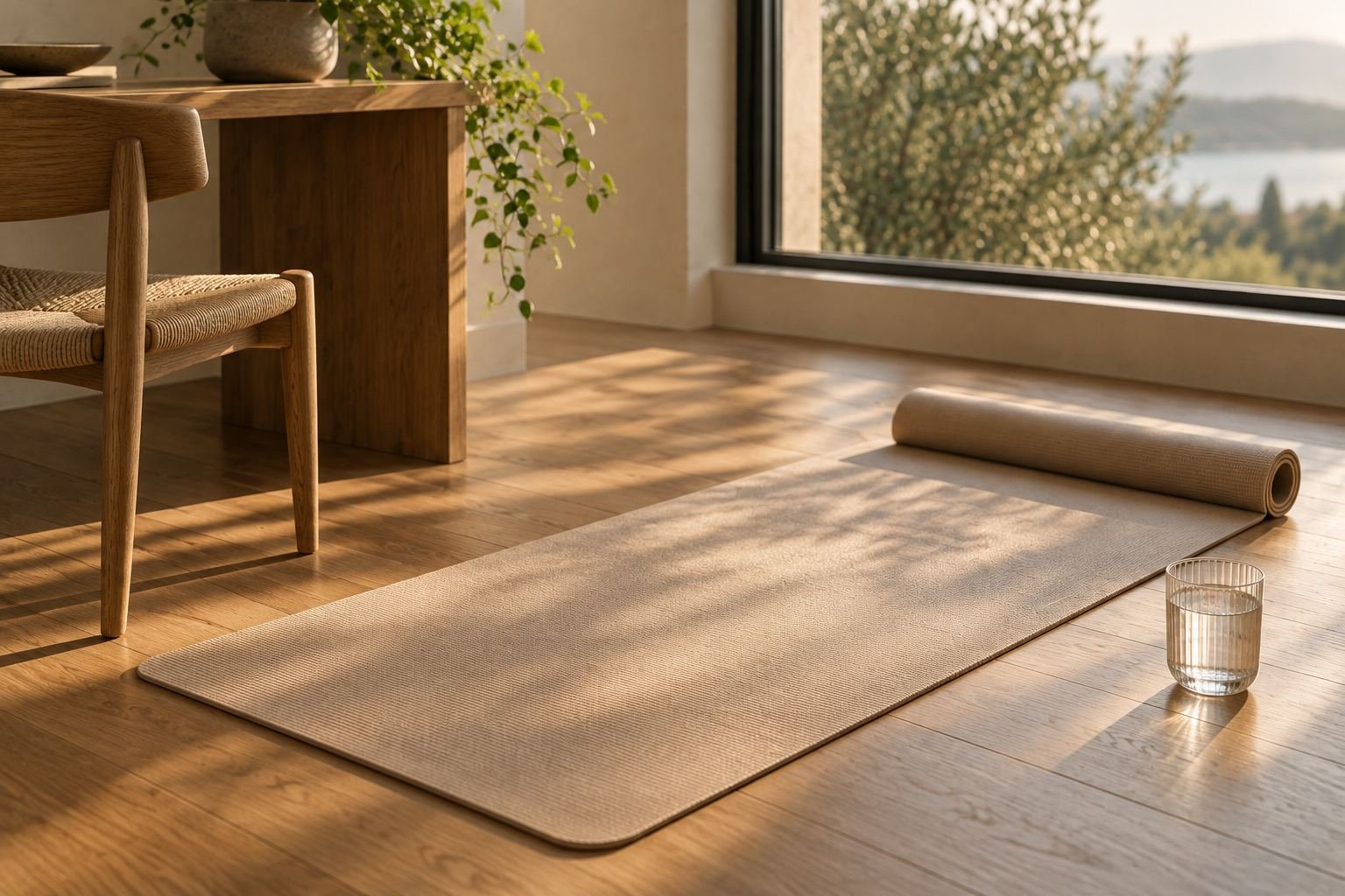 An exercise mat unrolled on a wooden floor beside a desk chair