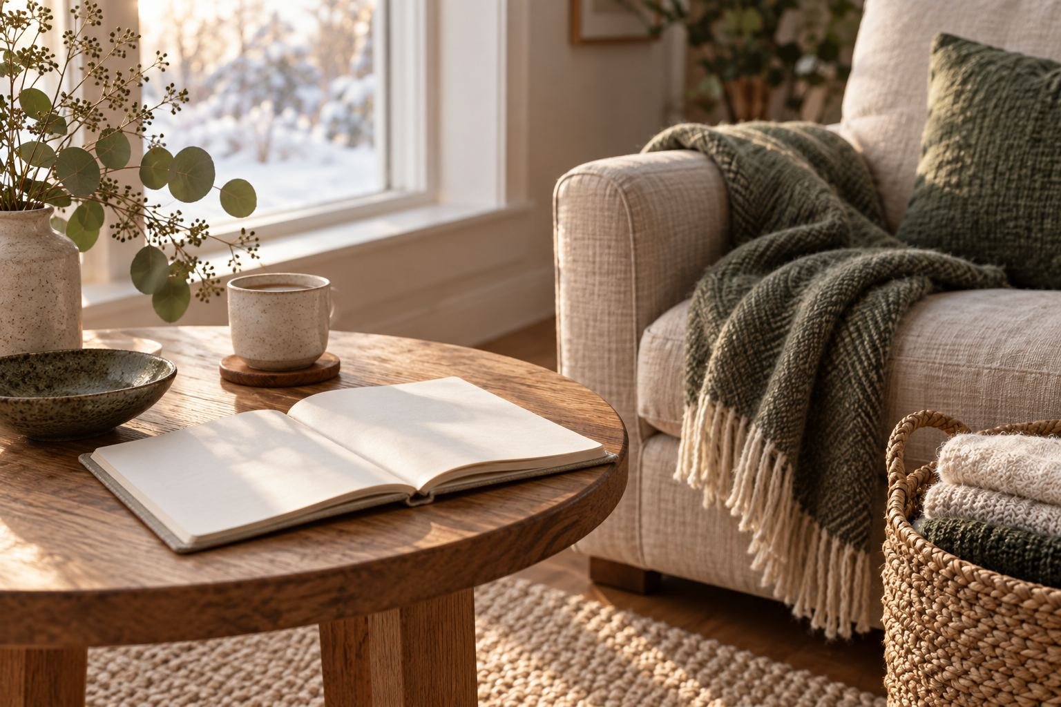 A folded blanket, a planner and a basket of laundry in a tidy living room
