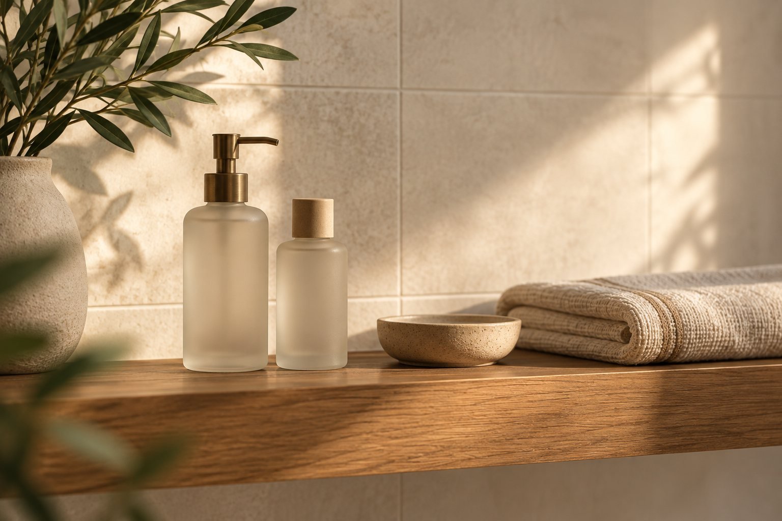 A minimal bathroom shelf with two plain bottles, a folded towel and a small ceramic dish